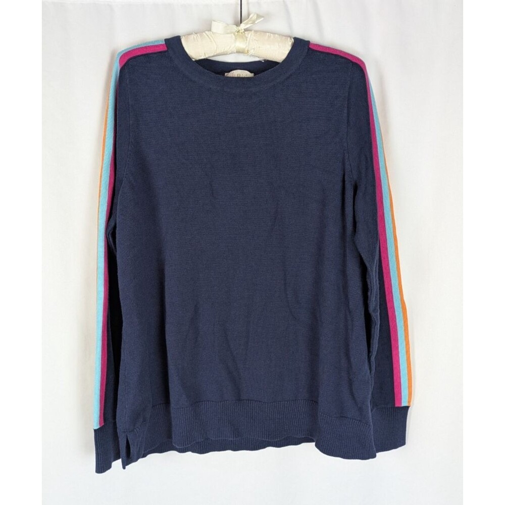 Belle by Kim Gravel Navy Rainbow Stripe Sleeve Crew Neck Sweater L Retro A631604